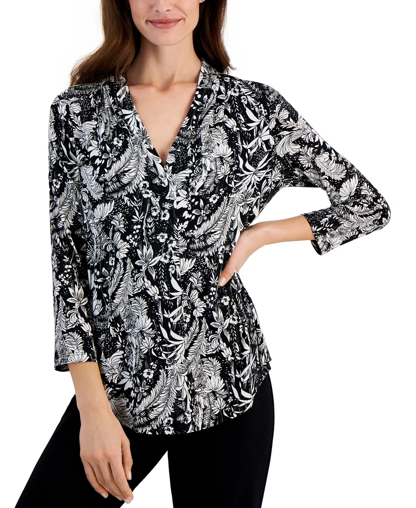 Jm Collection Women's Printed 3/4 Sleeve V-Neck Knit Top, Exclusively at Macy's
