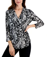 Jm Collection Women's Printed 3/4 Sleeve V-Neck Knit Top, Exclusively at Macy's