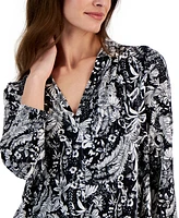 Jm Collection Women's Printed V-Neck 3/4-Sleeve Knit Top, Created for Macy's