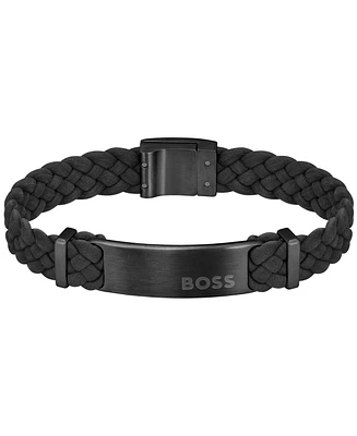 Boss Men's Dylan Ionic Plated Black Steel Black Leather Bracelet