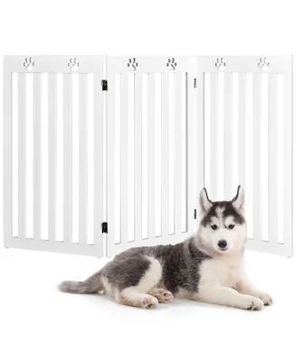 Sugift 36 Inch Folding Wooden Freestanding Pet Gate Dog Gate with 360° Flexible Hinge-White