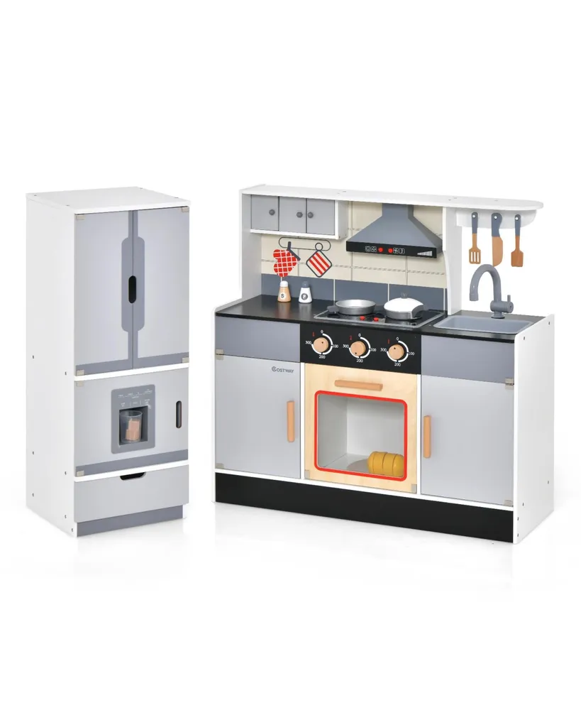 Wooden Chef Play Kitchen and Refrigerator with Realistic Range Hood and Roaster