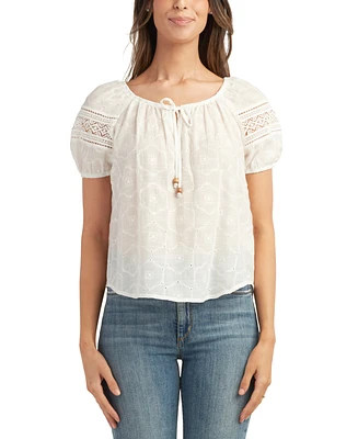 Bcx Juniors' Floral Embroidered Scoop Neck Puff-Sleeve Top
