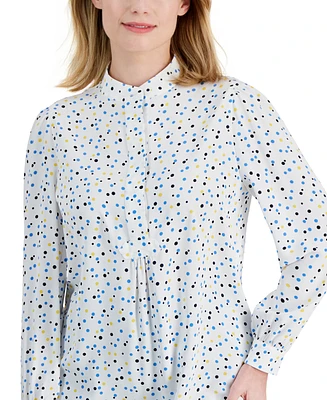 Anne Klein Petite Dot Print Band Collar Long-Sleeve Top