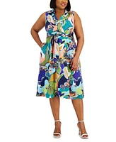 Tahari Plus Printed Sleeveless Tie-Waist Satin Dress