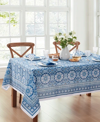 Vietri Medallion Block Print Stain Water Resistant Indoor and Outdoor Tablecloth