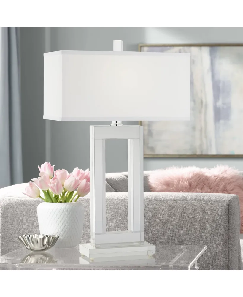 Modern French Style Table Lamp 29" Tall Clear Crystal Glass Open Window Base Sleek White Rectangular Shade Decor for Living Room Bedroom House Bedside