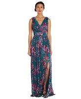 R & M Richards Women's Metallic Floral Print Sleeveless Gown