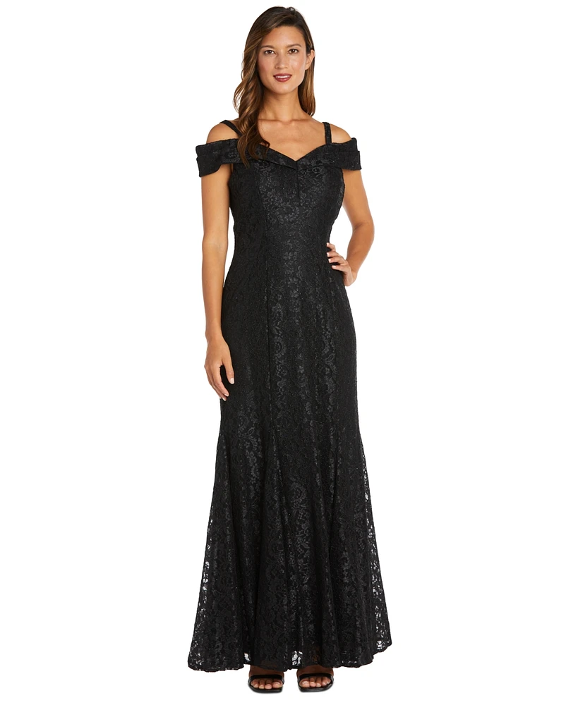 R & M Richards Off-The-Shoulder Lace Gown