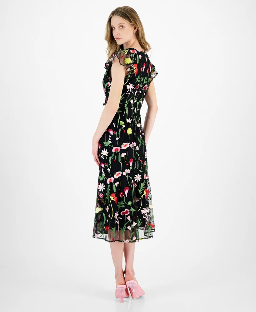 Sam Edelman Women's Fresh Cut Embroidery Cold-Shoulder Midi Dress
