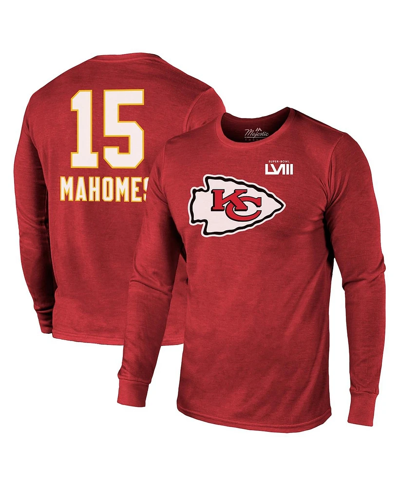 Men's Majestic Threads Patrick Mahomes Red Kansas City Chiefs Super Bowl Lviii Name and Number Tri-Blend Long Sleeve T-shirt