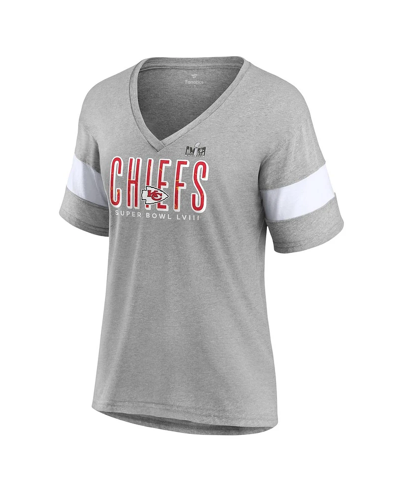 Women's Fanatics Heather Gray Kansas City Chiefs Super Bowl Lviii Cheer Section Tri-Blend V-Neck Fashion T-shirt