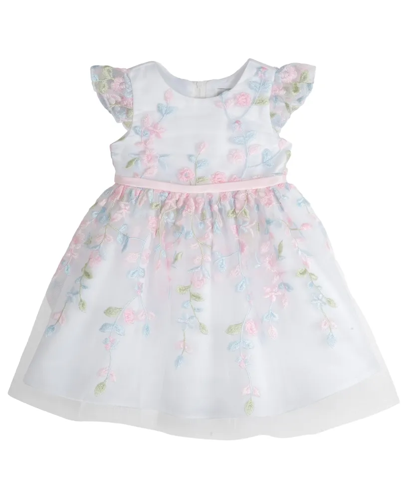Rare Editions Baby Girls Floral Embroidered Mesh Social Dress with Diaper Cover