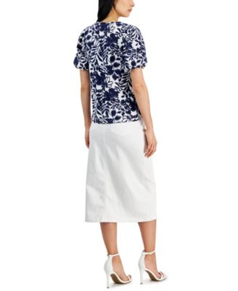 Anne Klein Womens Printed Puff Sleeve Top Pencil Skirt