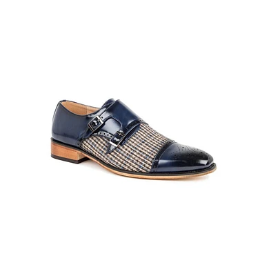 Gino Vitale Double Monk Strap Houndstooth Medallion Cap Toe Dress Shoes