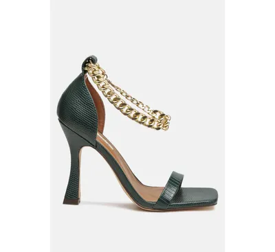 venusta metallic chain detail spool heel sandals