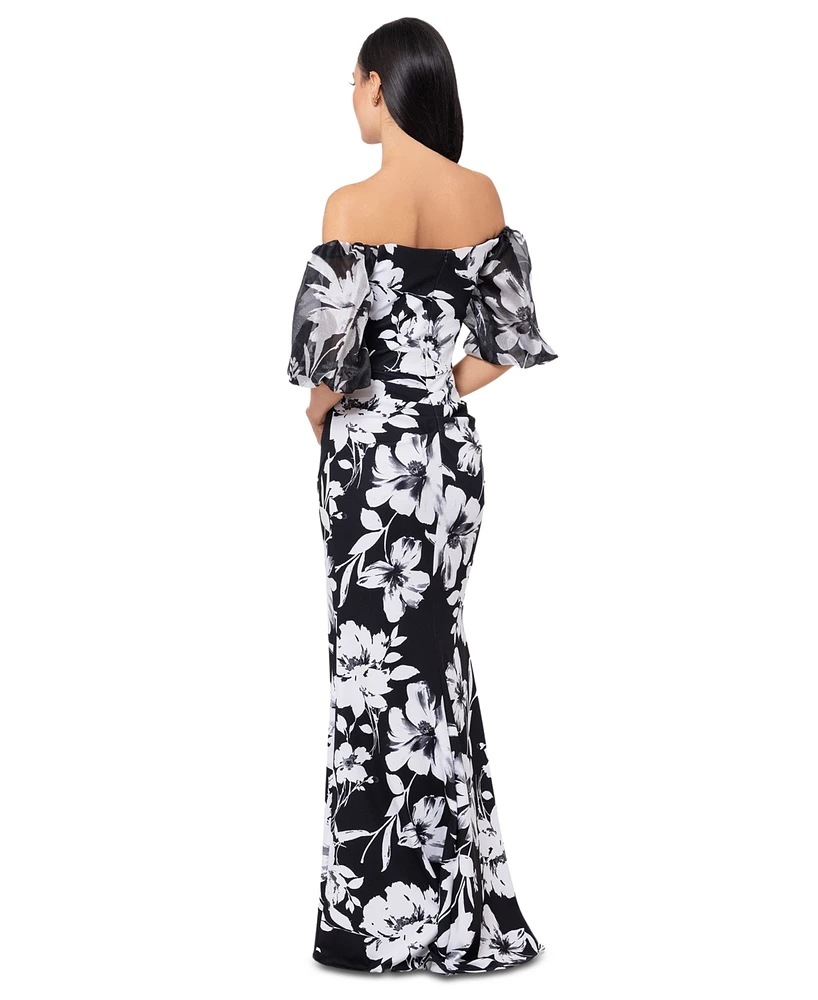 Xscape Petite Floral-Print Off-The-Shoulder Gown