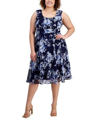 Connected Plus Printed Ruched-Bodice Sleeveless Dress
