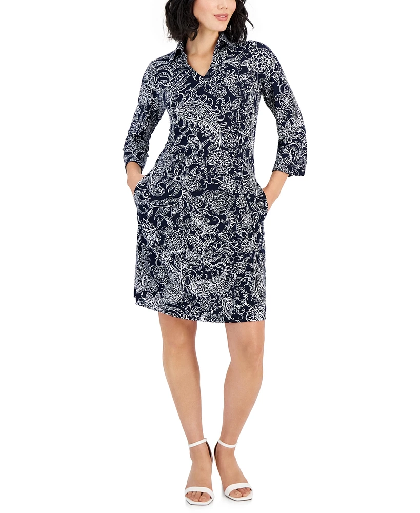 Robbie Bee Petite Printed Collared A-Line 34/-Sleeve Dress