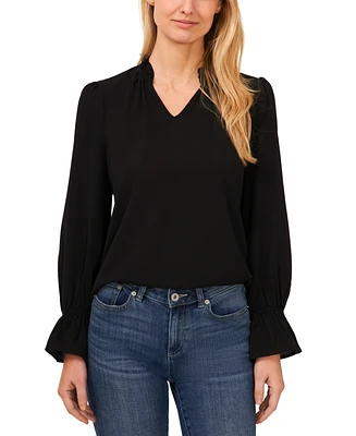CeCe Women's V-Neck Long Sleeve Ruffle Trim Blouse
