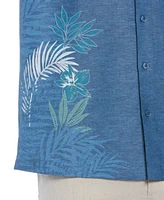 Cubavera Men's Chambray Short Sleeve Tropical Leaf Print Linen Blend Button-Front Shirt