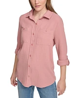 Calvin Klein Jeans Women's Double-Crepe Button-Down Roll-Tab-Sleeve Shirt