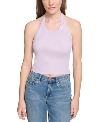 Calvin Klein Jeans Women's Ribbed Embroidered-Logo Cropped Halter Top