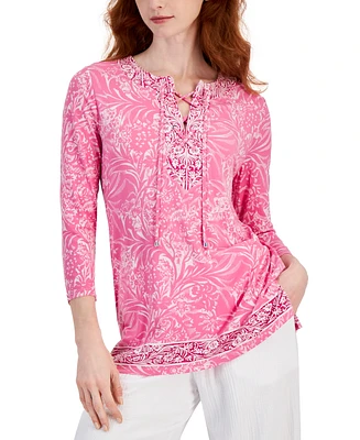 Jm Collection Women's Printed 3/4 Sleeve Lace-Up Knit Top, Created for Macy's