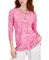 Jm Collection Women's Printed 3/4 Sleeve Lace-Up Knit Top, Created for Macy's