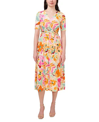 Msk Women's Floral-Print Tie-Waist V-Neck Midi Dress