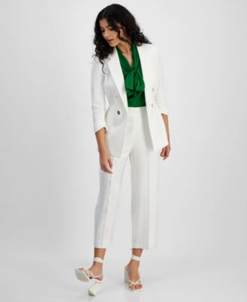 Bar Iii Womens Faux Double Breasted Jacket Satin Bow Blouse Pull On Pants Created For Macys