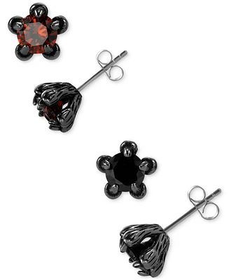 Blackjack 2-Pc. Set Men's Black & Red Cubic Zirconia Star-Set Stud Earrings in Black Ion-Plated Stainless Steel