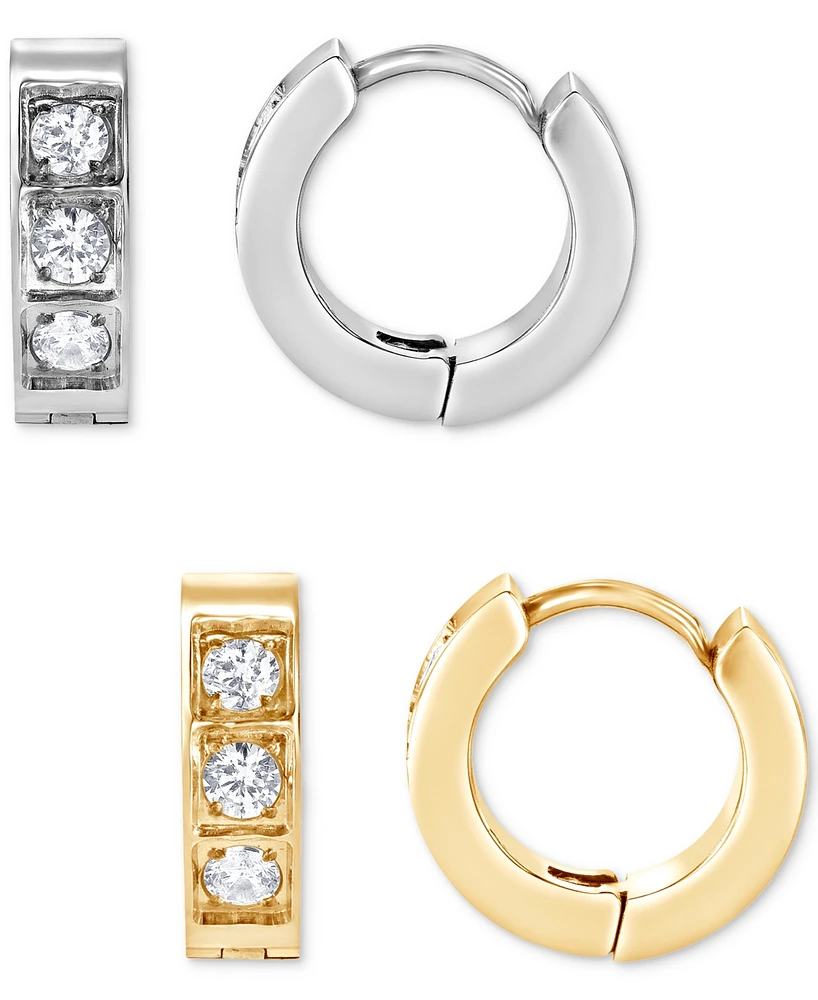 Blackjack 2-Pc. Set Men's Cubic Zirconia Huggie Hoop Earrings in Stainless Steel & Gold Ion-Plated Stainless Steel, 0.5"