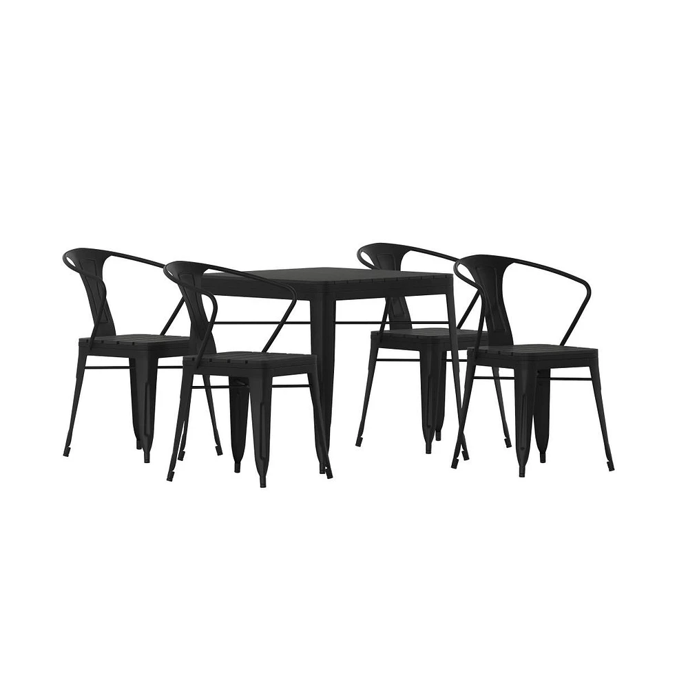 Hara Five Piece Indoor-Outdoor Dining Table And Chairs Set With 31.5" Square Table And 4 Metal Chairs In Black