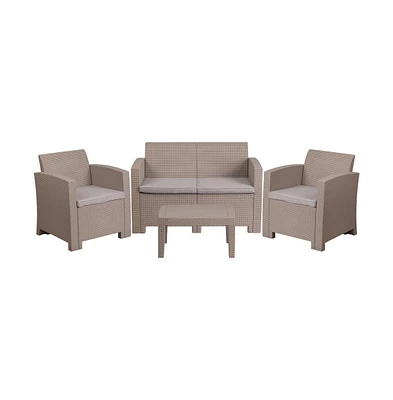 Ava 4 Piece Faux Rattan Patio Furniture Set With 2 Chairs And Love Seat With Removable Cushions And Table