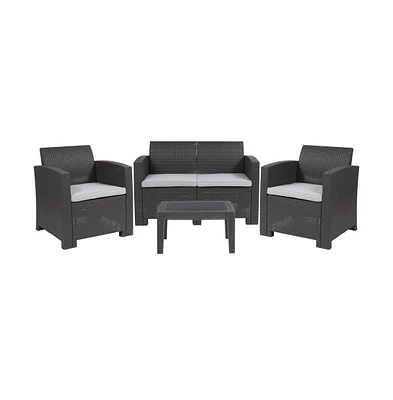 Ava 4 Piece Faux Rattan Patio Furniture Set With 2 Chairs And Love Seat With Removable Cushions And Table