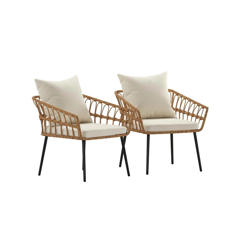 Armon Set Of Two Indoor/Outdoor Boho Style Open Weave Rattan Rope Patio Chairs With Cushions