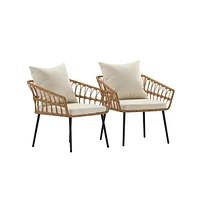 Armon Set Of Two Indoor/Outdoor Boho Style Open Weave Rattan Rope Patio Chairs With Cushions