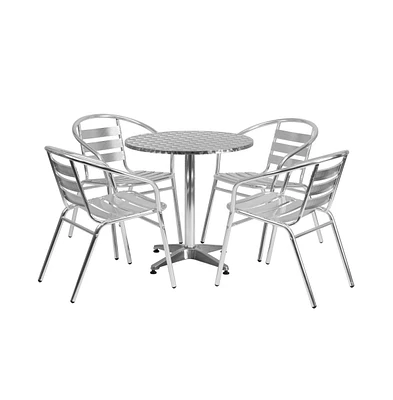 27.5'' Round Aluminum Indoor-Outdoor Table Set With 4 Slat Back Chairs