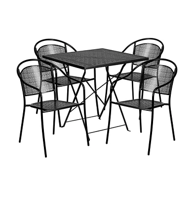 Commercial Grade 28" Square Metal Folding Patio Table Set W/ 4 Round Back Chairs