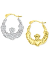 Crystal Pave Wavy Patterned Small Hoop Earrings in 10k Gold, 0.73"