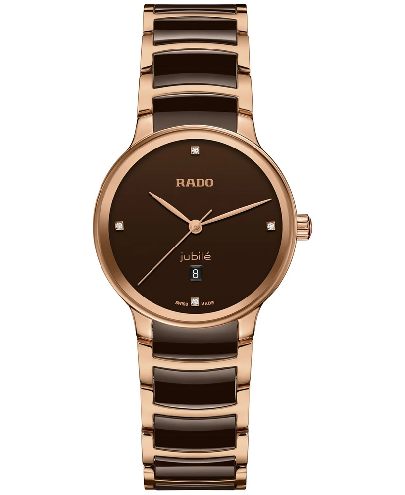 Rado Women's Swiss Centrix Diamond Accent Brown Ceramic & Rose Gold Pvd Bracelet Watch 31mm