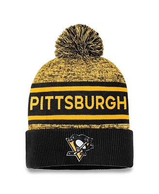 Men's Fanatics Black, Gold Pittsburgh Penguins Authentic Pro Cuffed Knit Hat with Pom