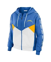 Women's Wear by Erin Andrews Powder Blue, White Los Angeles Chargers Color Block Light Weight Modest Crop Full-Zip Hoodie