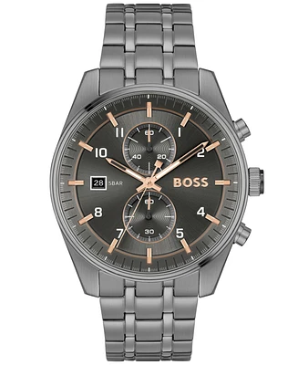 Hugo Boss Men's Skytraveller Quartz Fashion Chrono Ionic Plated Gray Steel Watch 44mm