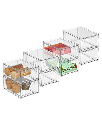 mDesign Stacking Plastic Storage Kitchen Bin with Pull-Out Drawer, 8 Pack, Clear