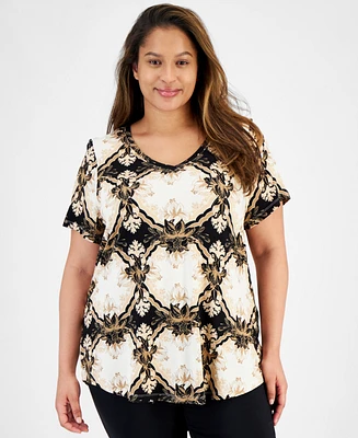 Jm Collection Plus Lush Print V-Neck Top, Created for Macy's