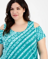 Jm Collection Plus Size Dissipating Etch Cold-Shoulder Top, Created for Macy's