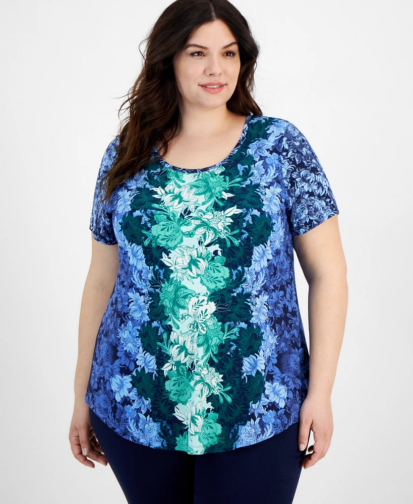 Jm Collection Plus Ombre Flora Scoop-Neck Top, Created for Macy's