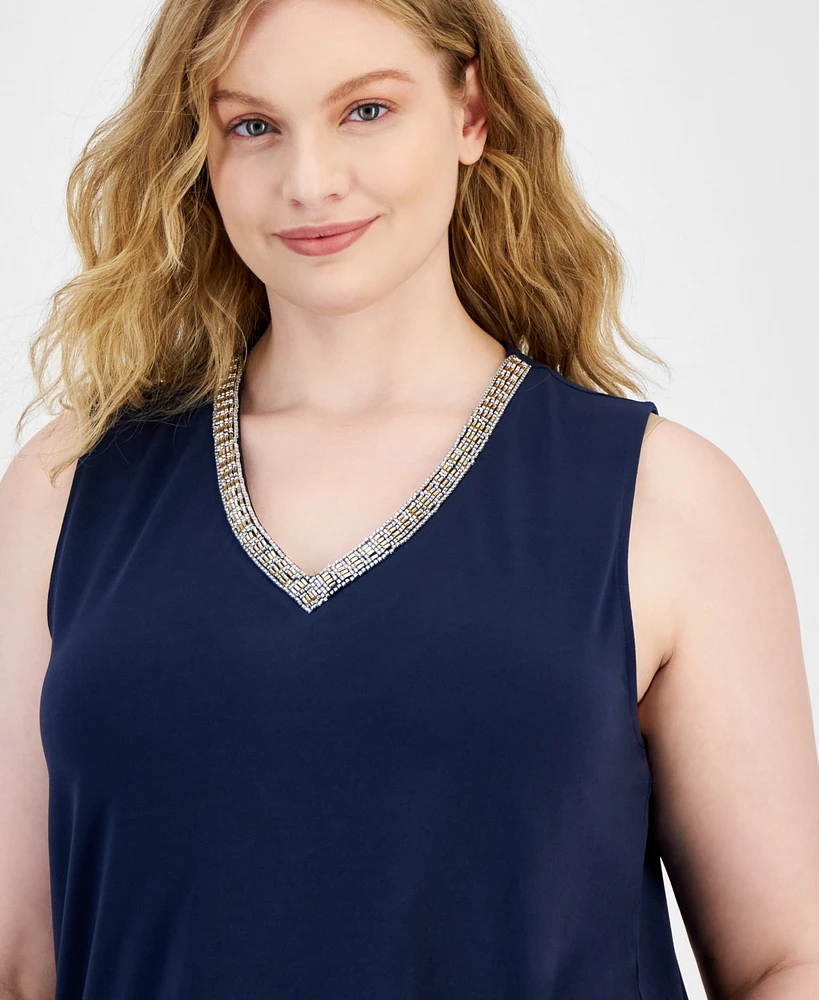 Jm Collection Plus Embellished-v-Neck Sleeveless Top, Created for Macy's